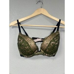Victorias Secret Dream Angels Push Up Bra 32D Olive Green Lace Eyelash Trim
